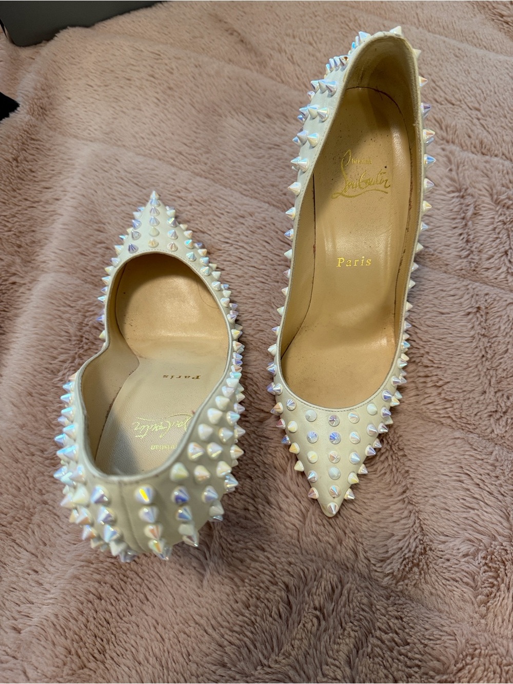 Christian Louboutin Iridescent Ivory Spike-Stud Pointed-Toe Pumps